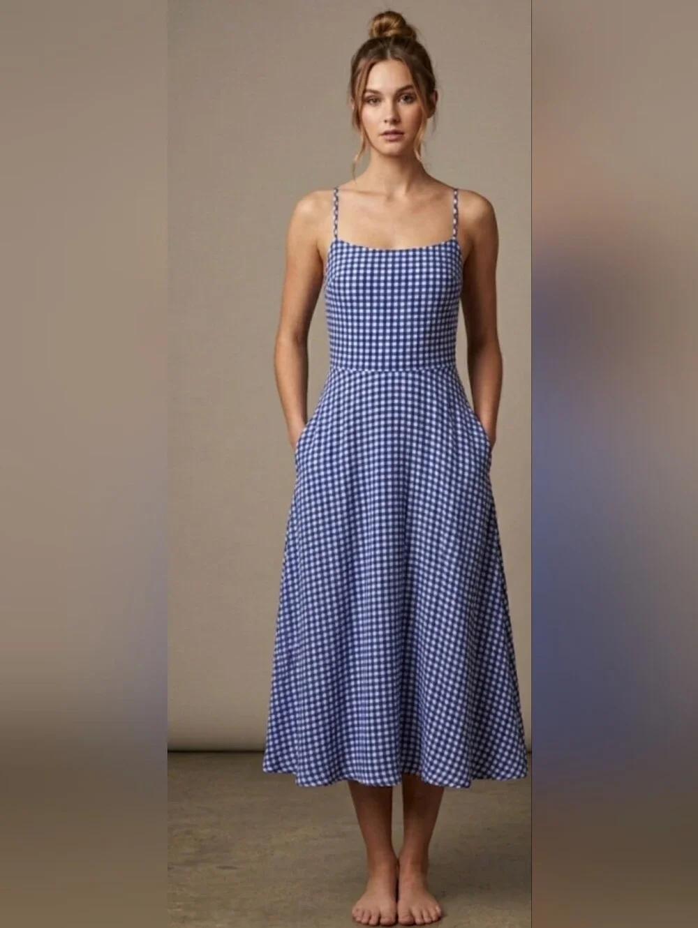 Privacy Please Blue Gingham Midi Dress Lace Up Back Pockets Medium